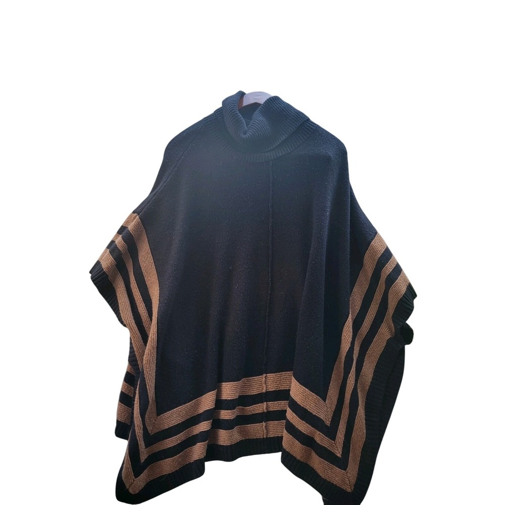 Cynthia Rowley Poncho Women Small Black Tan Striped Turtleneck Knit Cape Excelle